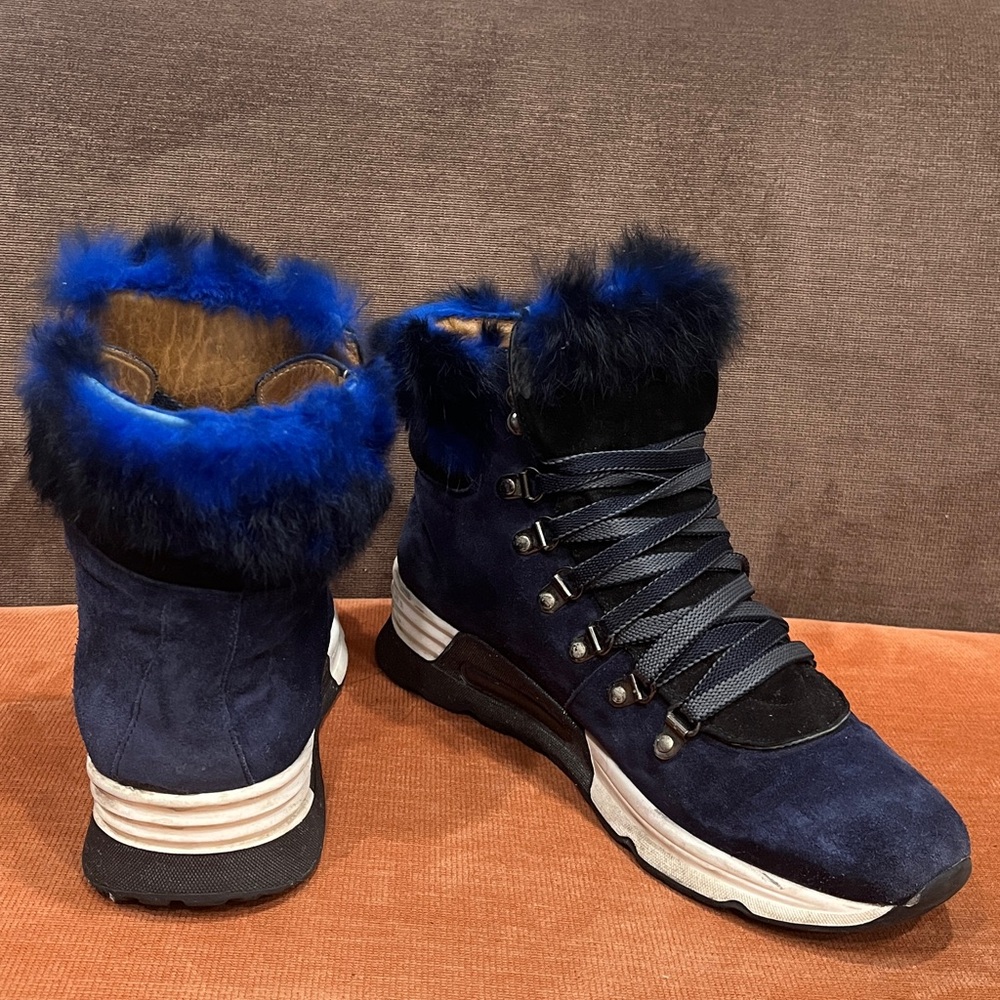 Joyks Suede Leather Blue Fur Laced Outdoor Winter Boots/ sneakers Navy Blue 38/8